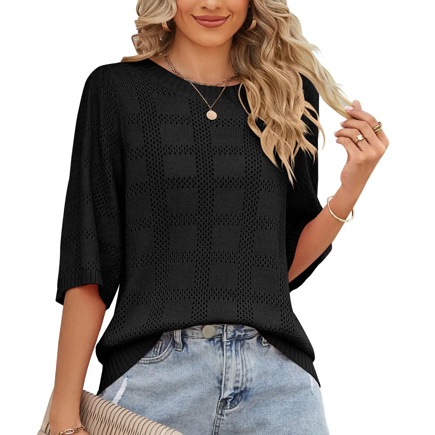 2025 Summer Women's O-neck Loose T-shirt Half-sleeved Knitted Pullover Casual Pink Versatile Top Girls Tees