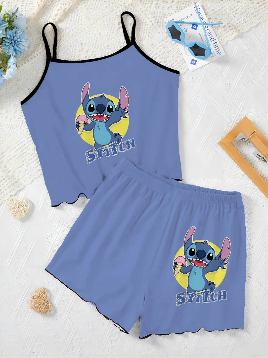 Gaun rumah setelan wanita musim panas kaus piyama Disney Stitch atasan potongan selada set pendek potongan pakaian potong elegan Disney