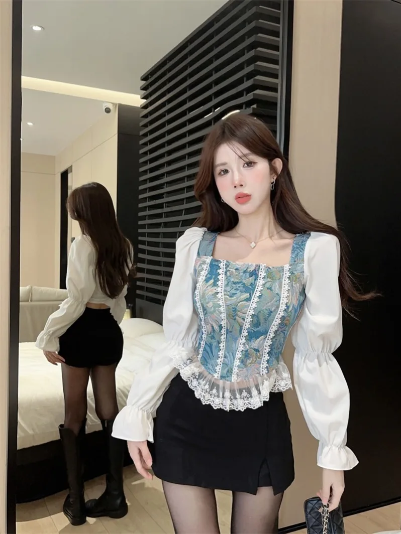 Vintage French Women Shirts Lace Lolita Elegant Long Sleeve Flounce Blouse High Quality Office Lady New Fashion Chic Female Tops