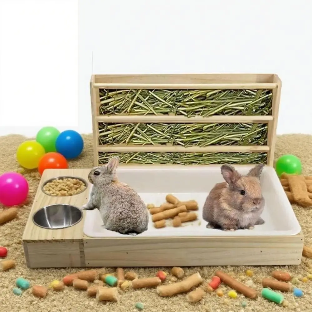 

Multifunctional Rabbit Hay Feeder Wooden 3 in 1 Bunny Feeding Manger Double Basin with Litter Box Hamster Food Dispenser