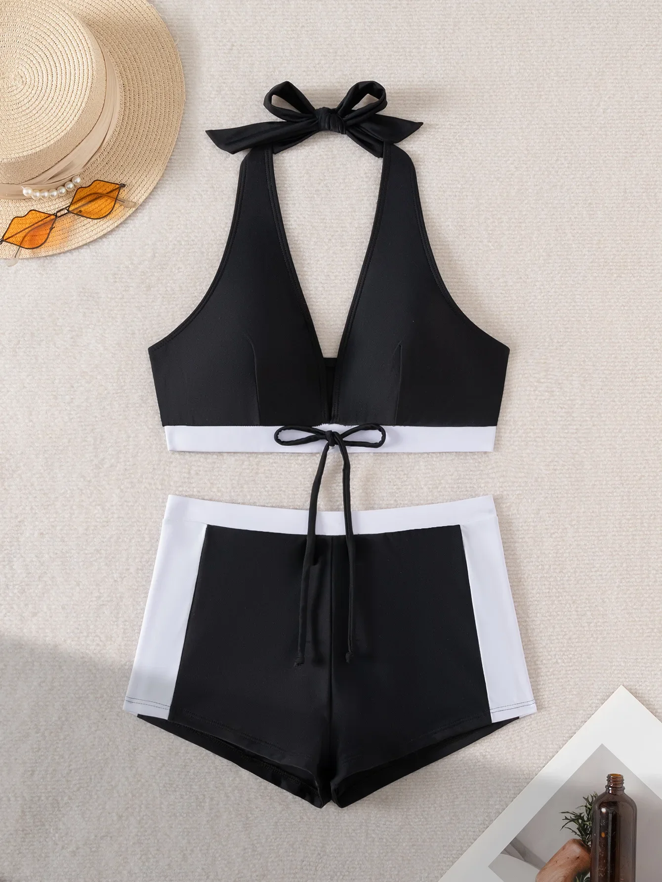 

Sexy White Black Patchwork Two Piece Swimsuit Women Front Tie Push Up Bikini 2025 Beach Bathing Suit High Waist Swimwear Biquini