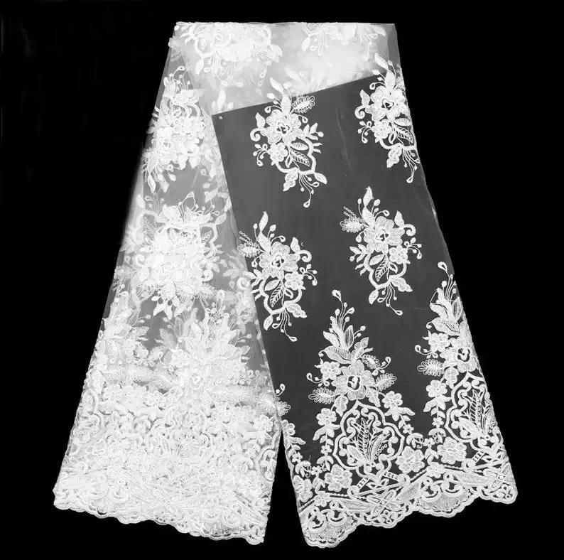 Ivory Alencon Lace Fabric, Bridal Lace Fabric, Embroidery Floral Fabric For Wedding Bolero, Top, Jacket