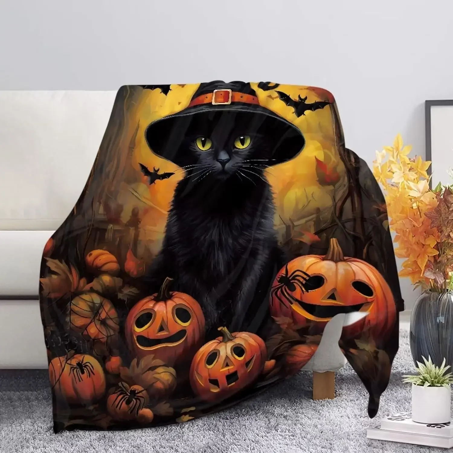 

chaqlin Halloween Throw Blanket Reversible Black Cat Halloween Pumpkin Warm Fleece Blanket Wolf Printed Throw Blanket for Bed