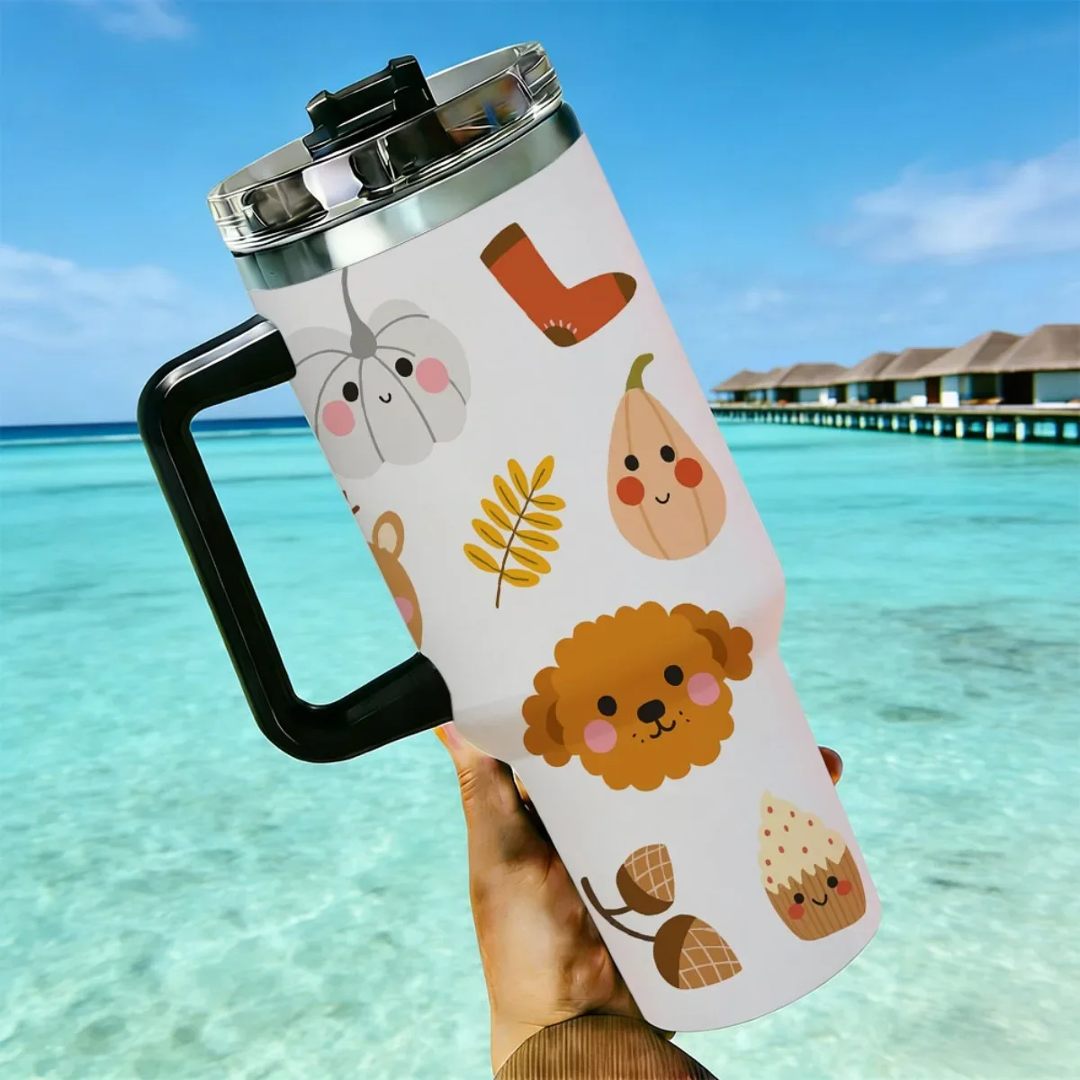 40oz Tumbler with Handle Cute Fall Harvest Cartoon Print Insulated Cup, Other colors sold out, random black or white shipment for other color orders