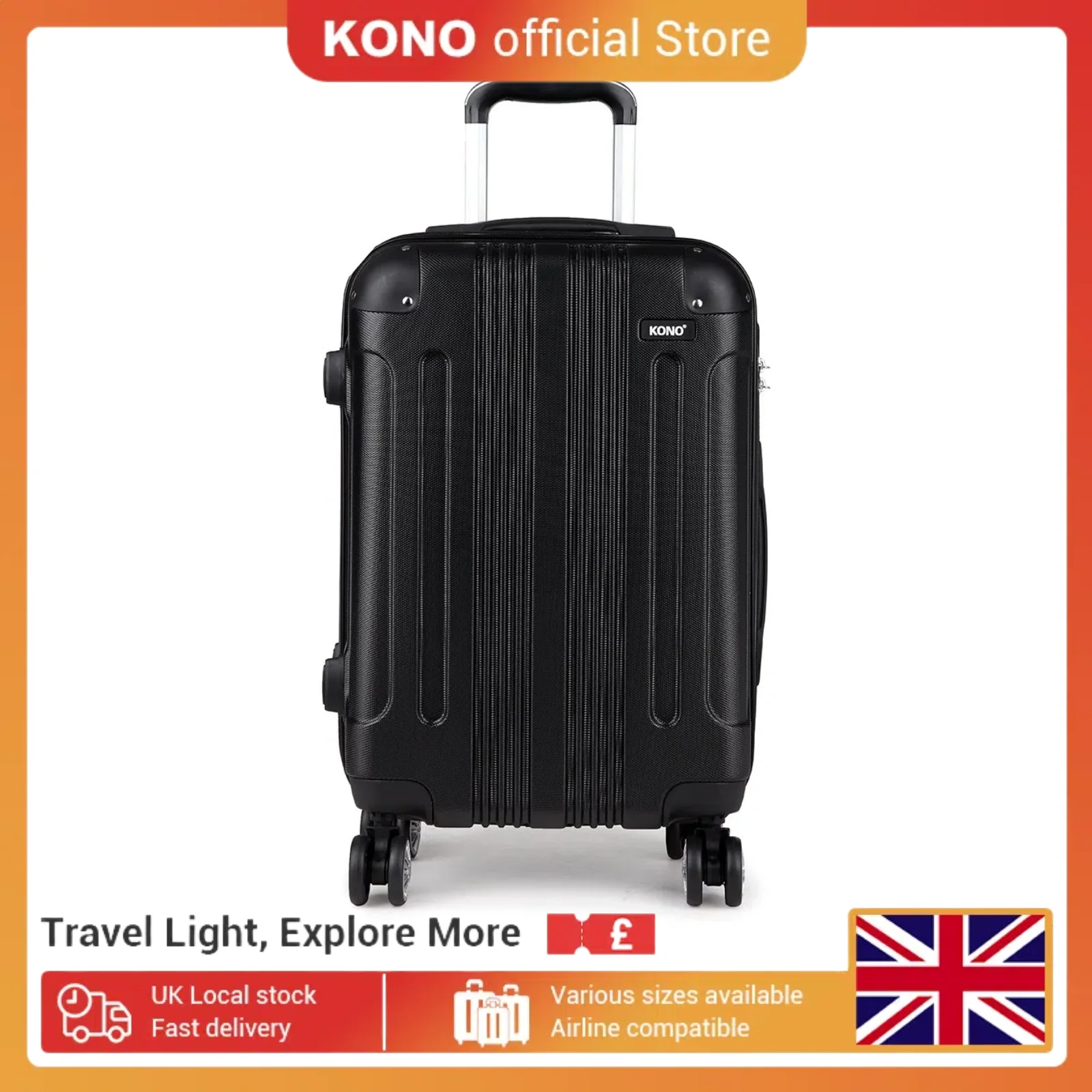 Kono-Equipaje de carcasa dura grande, Maleta de 19/24/28 pulgadas, ligera, ABS, 4 ruedas, Spinner, Maleta de viaje de negocios