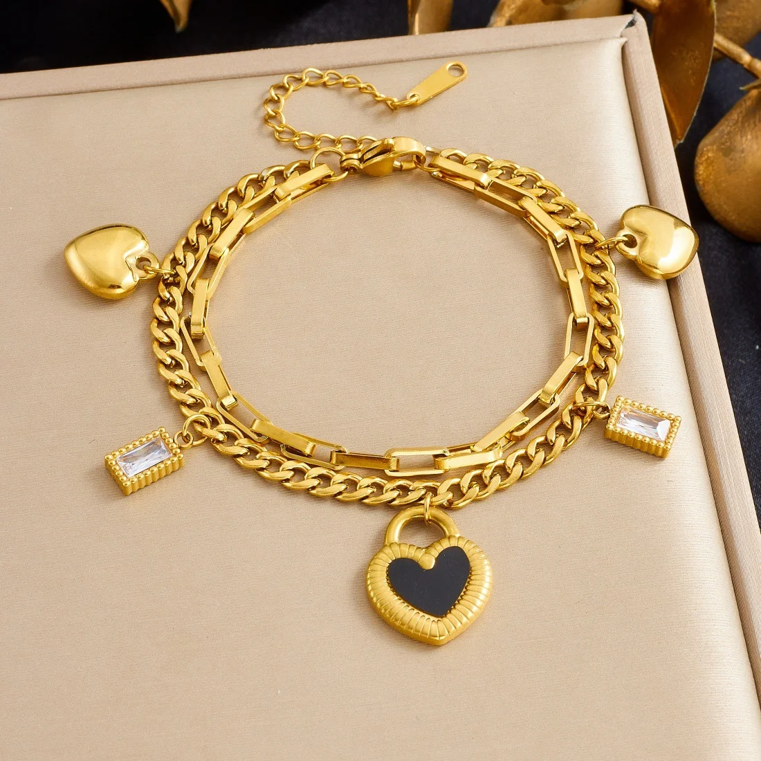 

Plated Double Layer Heart Lock Charm Bracelet 316L Stainless Steel Rectangle Zircon Pendant Wrist Jewelry for Women Gift