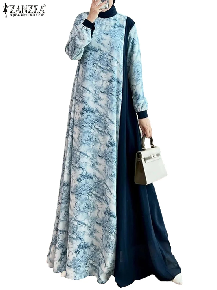 ZANZEA O Neck Lantern Sleeve Islamic Robe Fashion Elegant Color Blocking Women Maxi Dress Muslim Floral Patchwork Abaya Vestidos