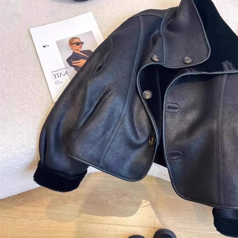 Bla Leder Pelz Ort Kragen Jaet Thiened Herbst Winter American Sle Damen Loose Fit Polyester Faser Mantel Top