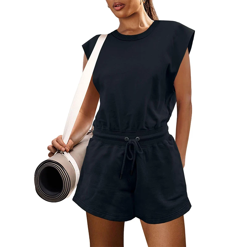 

Womens Black Round Neck Cap Sleeve Drawstring Waist Romper Comfortable Casual Athletic Yoga Workout Lounge Summer Playsuit