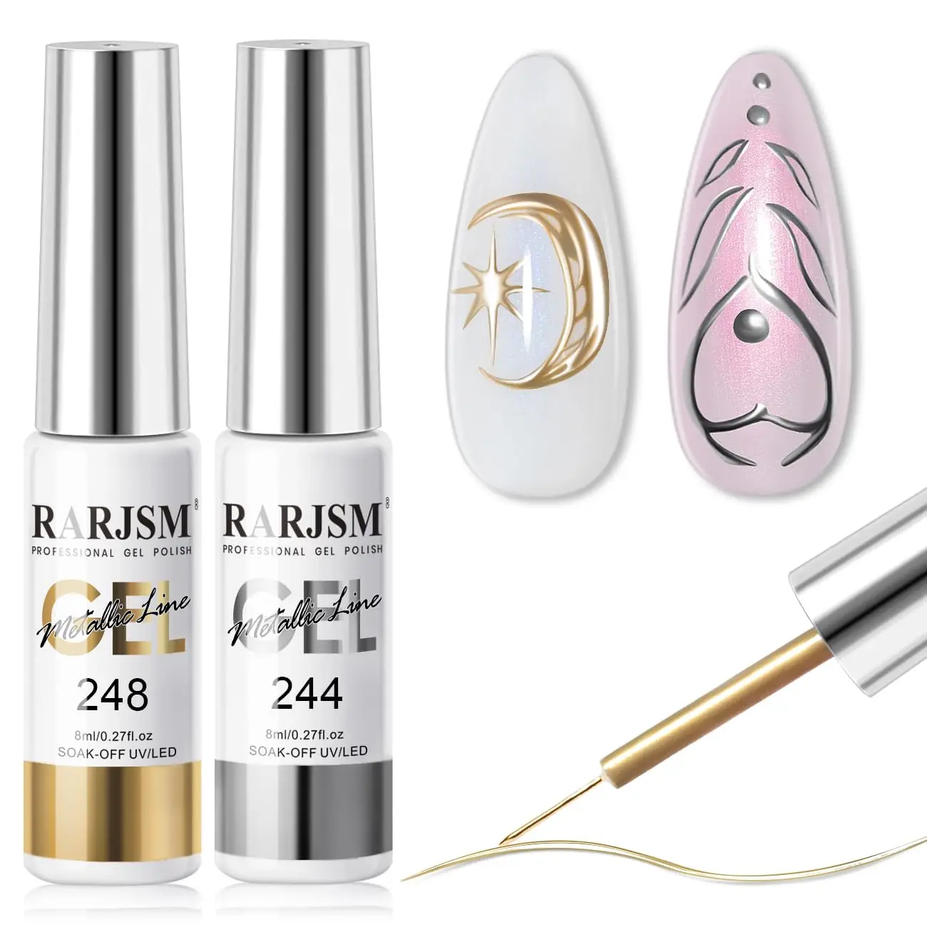 

Metallic Gel Liner Nail Art 2pcs Set Silver Bronze Gold Mirror Chrome Effect Gel Nail Polish 8ml Build in Thin Brush for Home