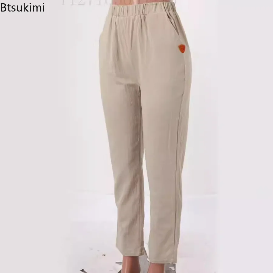 Pantalon Droit en Coton et Lin pour Femme, Poches, Décontracté, Surintendant, Tempérament Simple, 2024