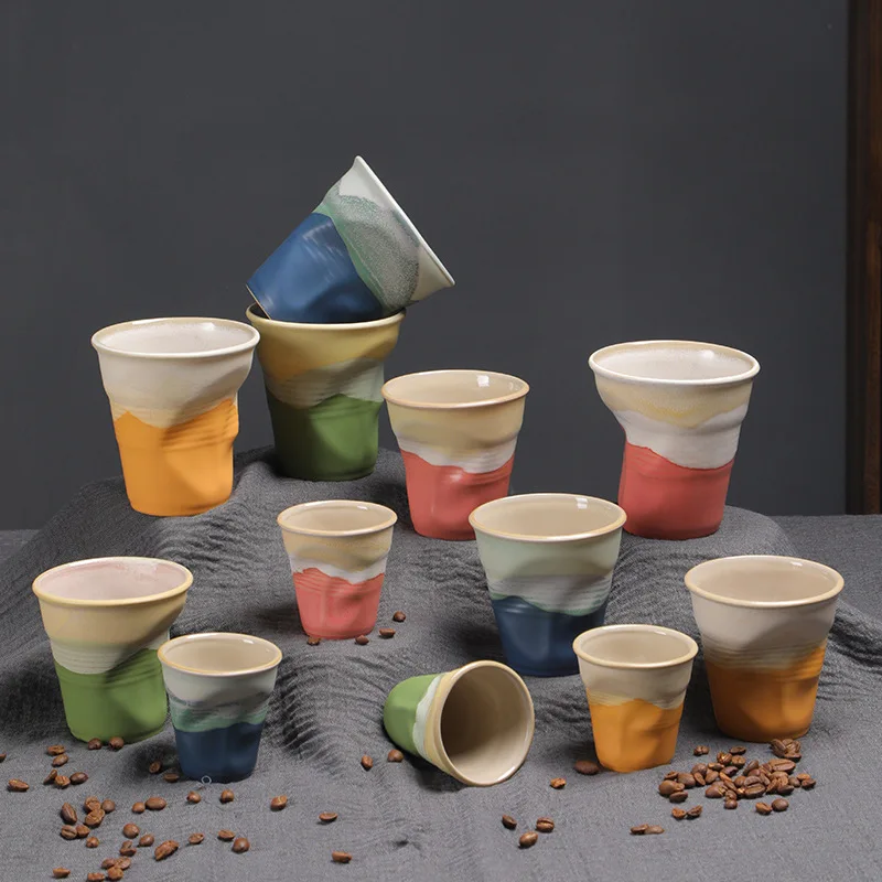 Kreative grobe Keramik-Kaffeetassen, Retro, unregelmäßig gefaltete Keramikbecher, 3 Unzen, 90 ml