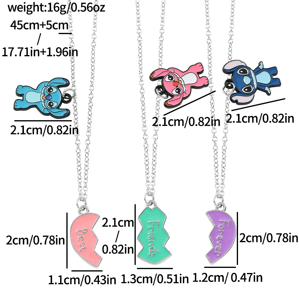 3pcs Disney Stitch Angel Necklace Best Friend Forever Heart Neck Chain for Women Men Friendship Jewelry Gifts