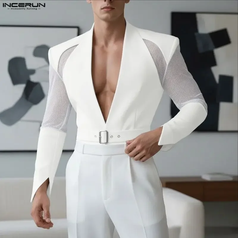 2026 Men Blazer Mesh Patchwork Deep V Neck Long Sleeve Fashion Male Suit INCERUN See Through Streetwear Sexy Coats Men With Belt