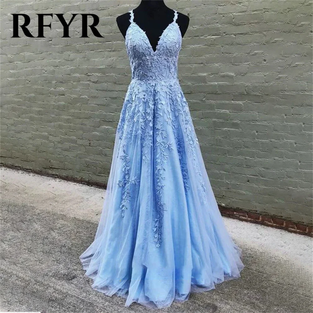 

RFYR Sky Blue Prom Dress Sweetheart Ruffles Spaghetti Strap Evening Dress Sleeveless Tiered Tulle فستان سهرة A-Line Party Dress