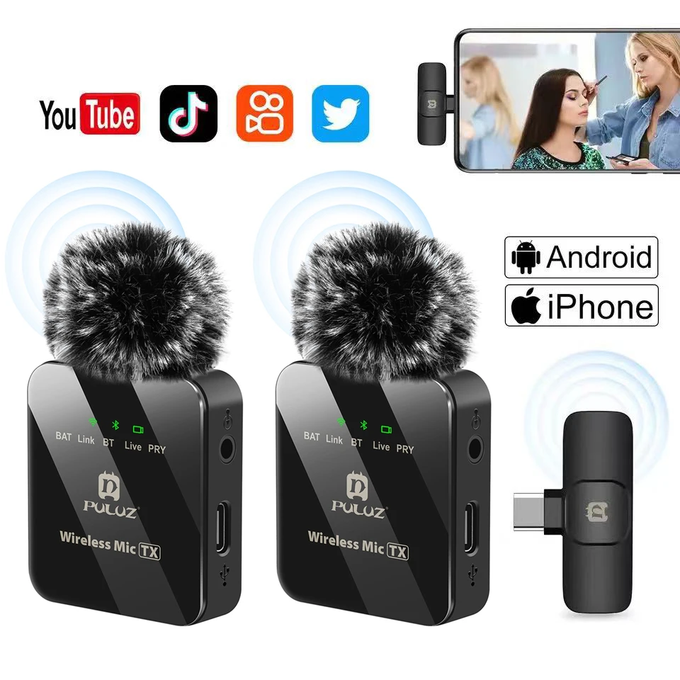 PULUZ Wireless Lavalier Microphone Portable Audio Video Recording Mini Mic for iPhone Android Outdoor Live Broadcast Phone Mic