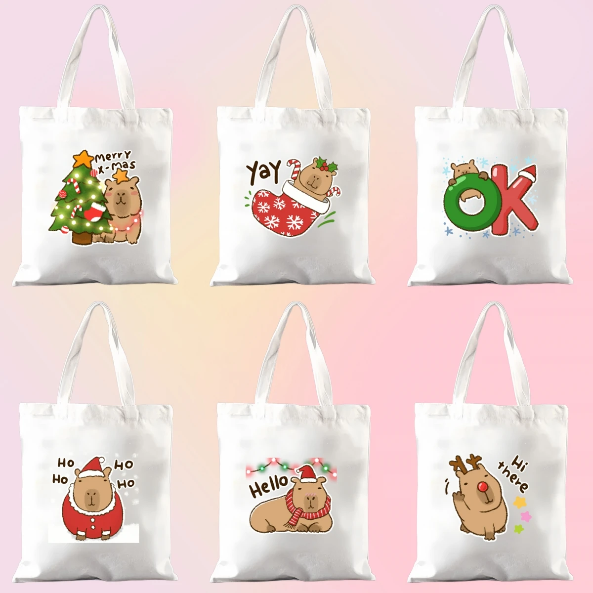 

Cartoon Capybara Animals Christmas Printed Canvas Tote Anime Handbag Kawaii Students Portable Large Shoulder Bag Capacity Pouch