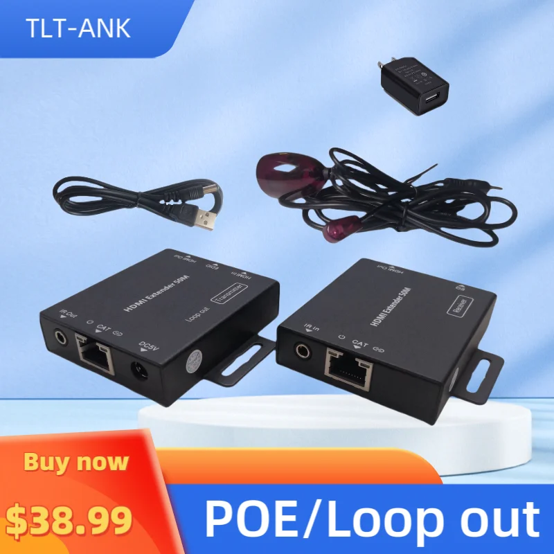 2-port HDMI extender IR POE cat5/6 cable( HDMI ethernet extender+HDMI Loop out ) 1080P with power adapter up to 50M