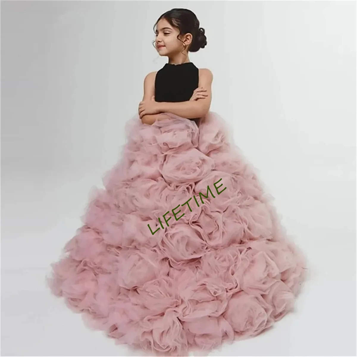 

CustomizedLuxury Black and Rose Pink Velvet Flower Girl Dresses Ball Gown High Neck Flowers Bow Fairy Birthday Party Dress Custo