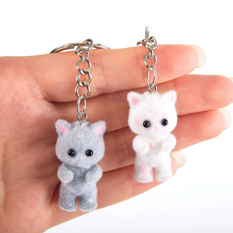 LLavero de gato Flocado de dibujos animados en 3D, llavero de gato, llaveros de animales, regalos de recuerdo para mujeres y hombres, llaves de coche, joyería DIY, 1PC