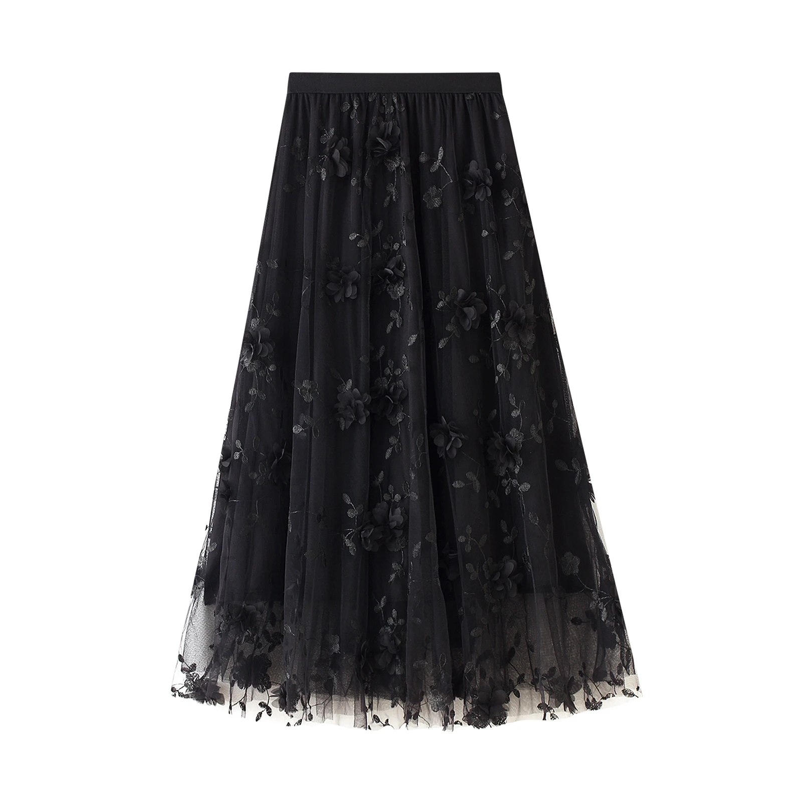 Women's Fashion Long Tulle Skirt Casual High Waist 3D Flower Embroidery Solid Color Midi Swing Skirt