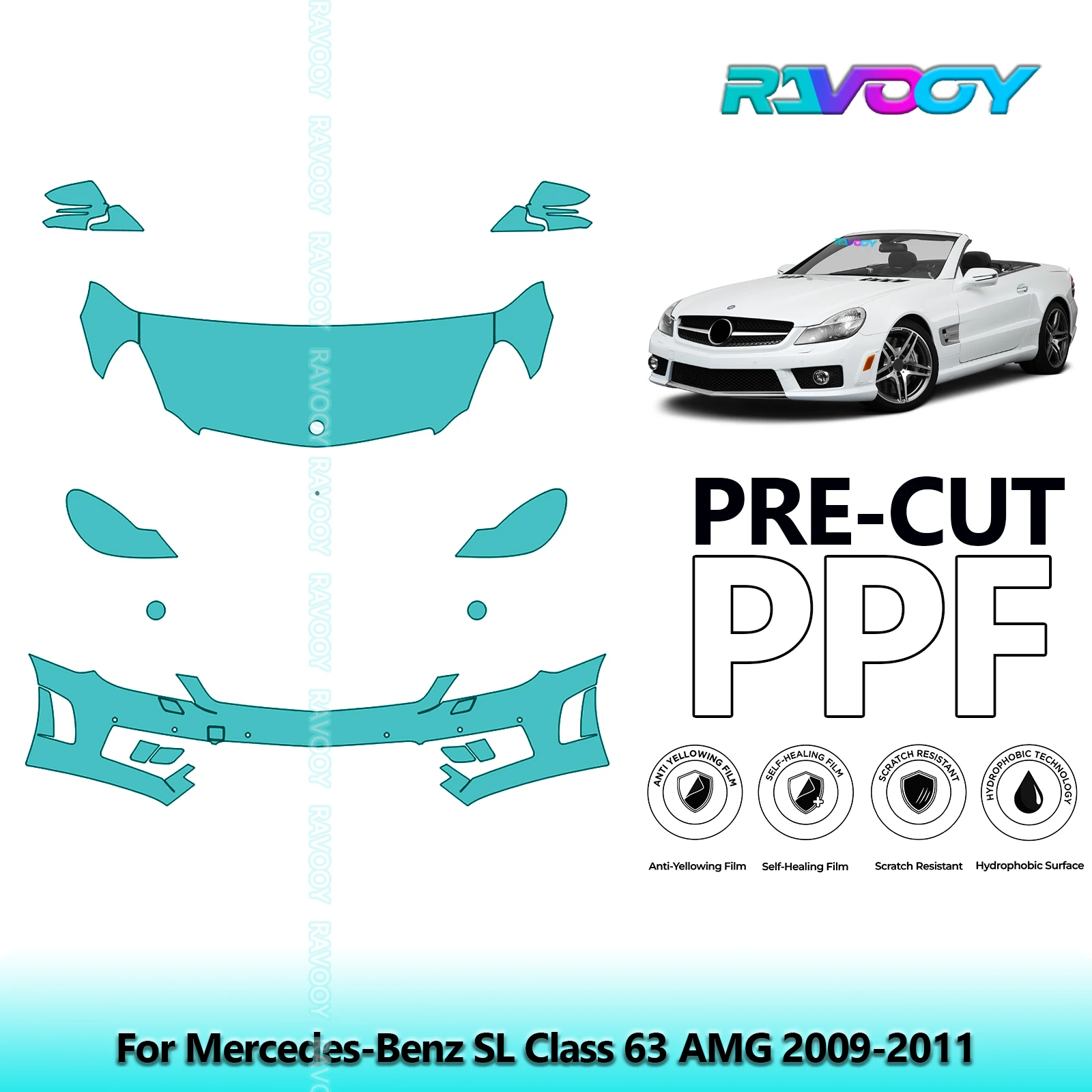 For Mercedes-Benz SL Class 63 AMG 2009-2011 Partial Front Pre-Cut Paint Protection Film PPF Stone Chip Kit | Clear/Matte/Black