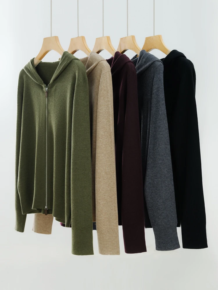 Wool Zipper Hoodie Solid Color Cardigan Spring Women's Sweater Comfortable Minimalist Women's Top