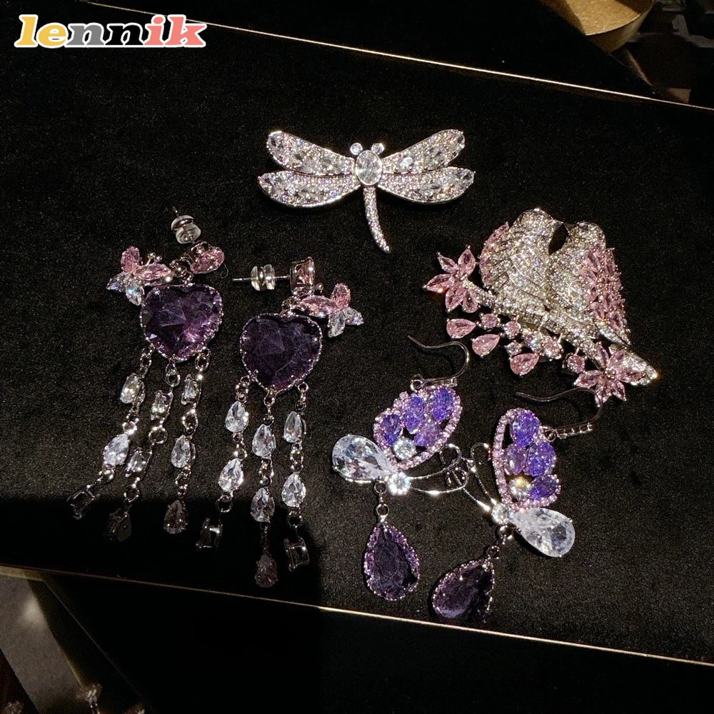 مجوهرات القزحية الأرجواني الفراشة جوهرة انخفاض الأقراط، مأدبة عالية مخصص، الأميرة الوردي الطيور تألق الماس بروش مجموعة #4