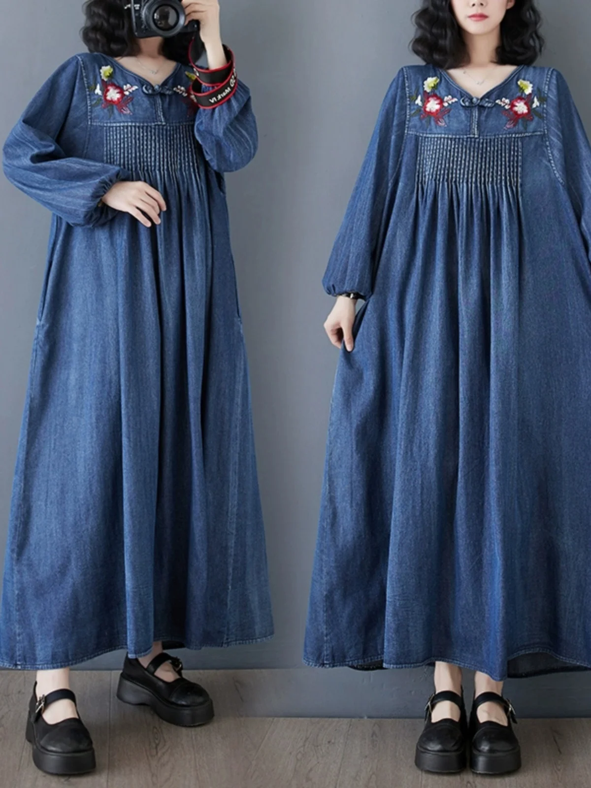 

Джинсовое платье с вышивкой в стиле ретро, женская одежда большого размера, длинная юбка трапециевидной формы для похудения, повседневная весенняя юбка Dr