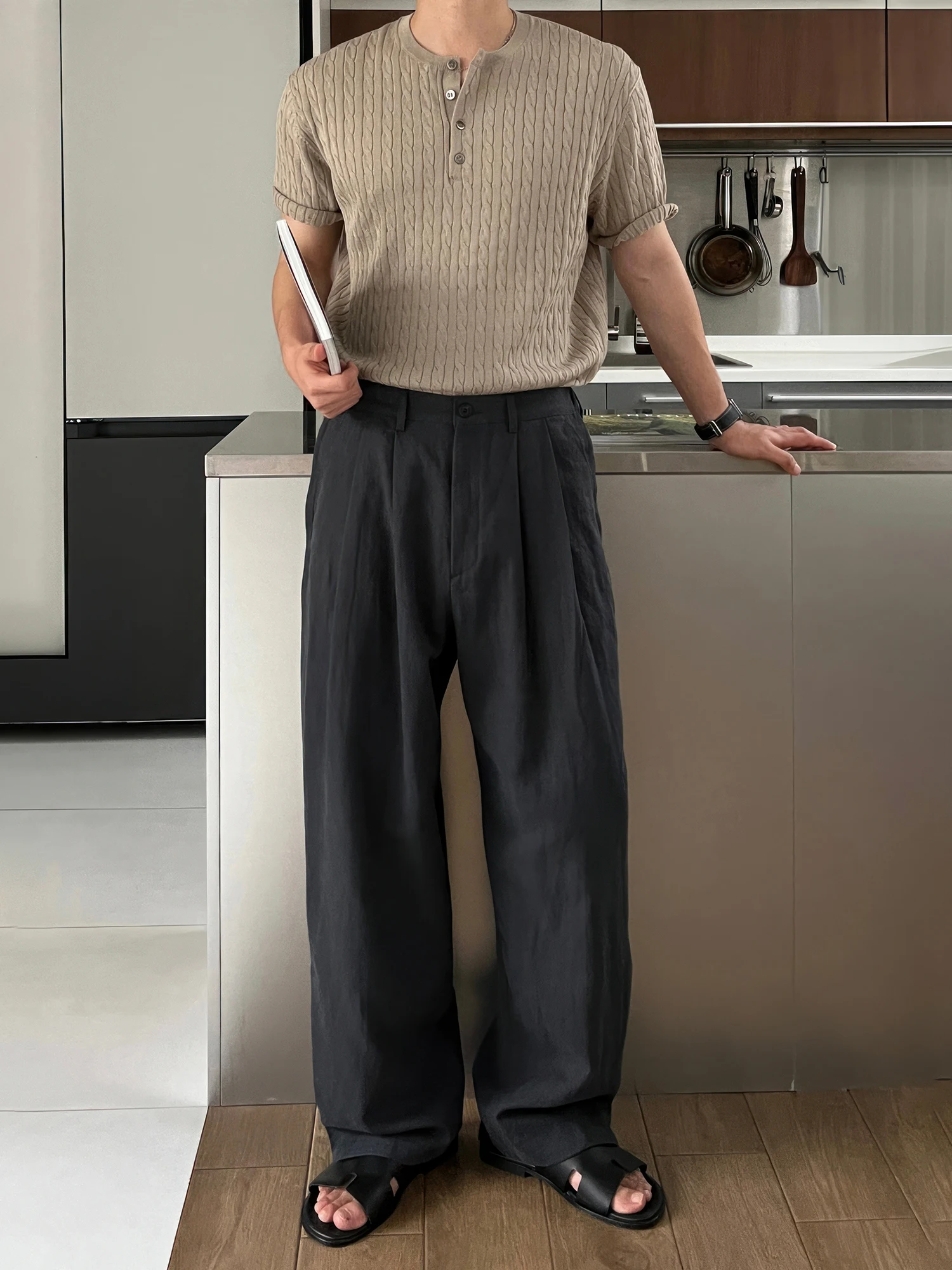 Military een Linen Men's Casual Pants Spring Autumn Loose Thin Straight Leg Wide Leg Lazy West Pants Straight Cut Trousers