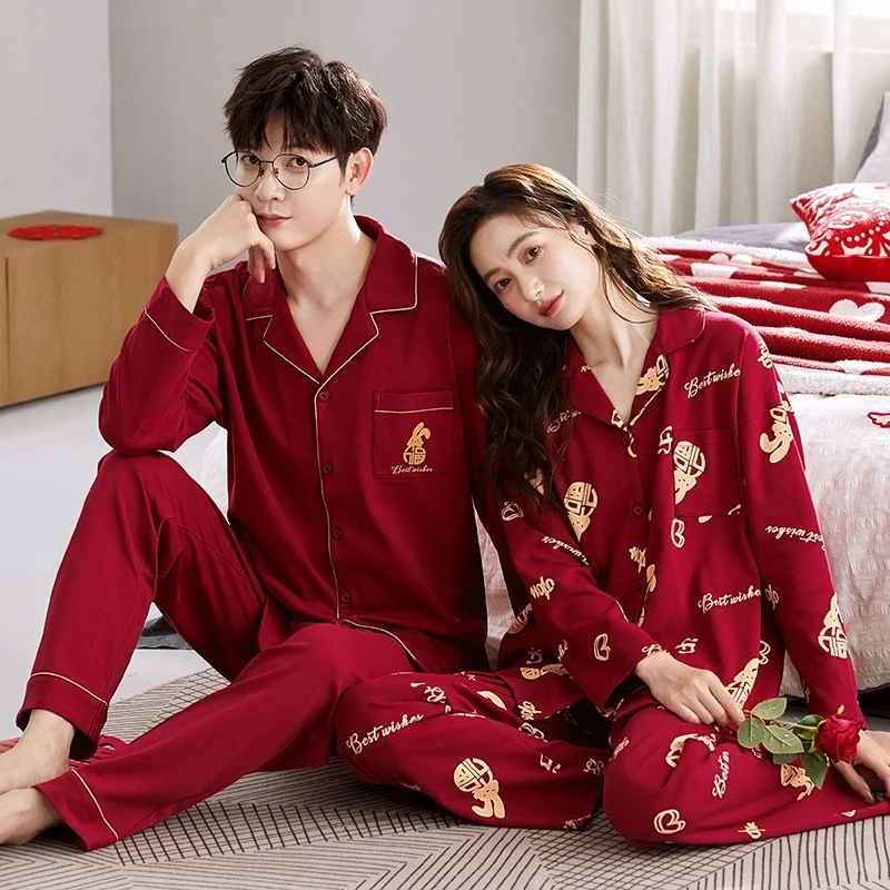 Autumn Winter Couple\'s Pajamas Pure Cotton Long Sleeved Red Women Newlywed Casual Loose Home Wear Set