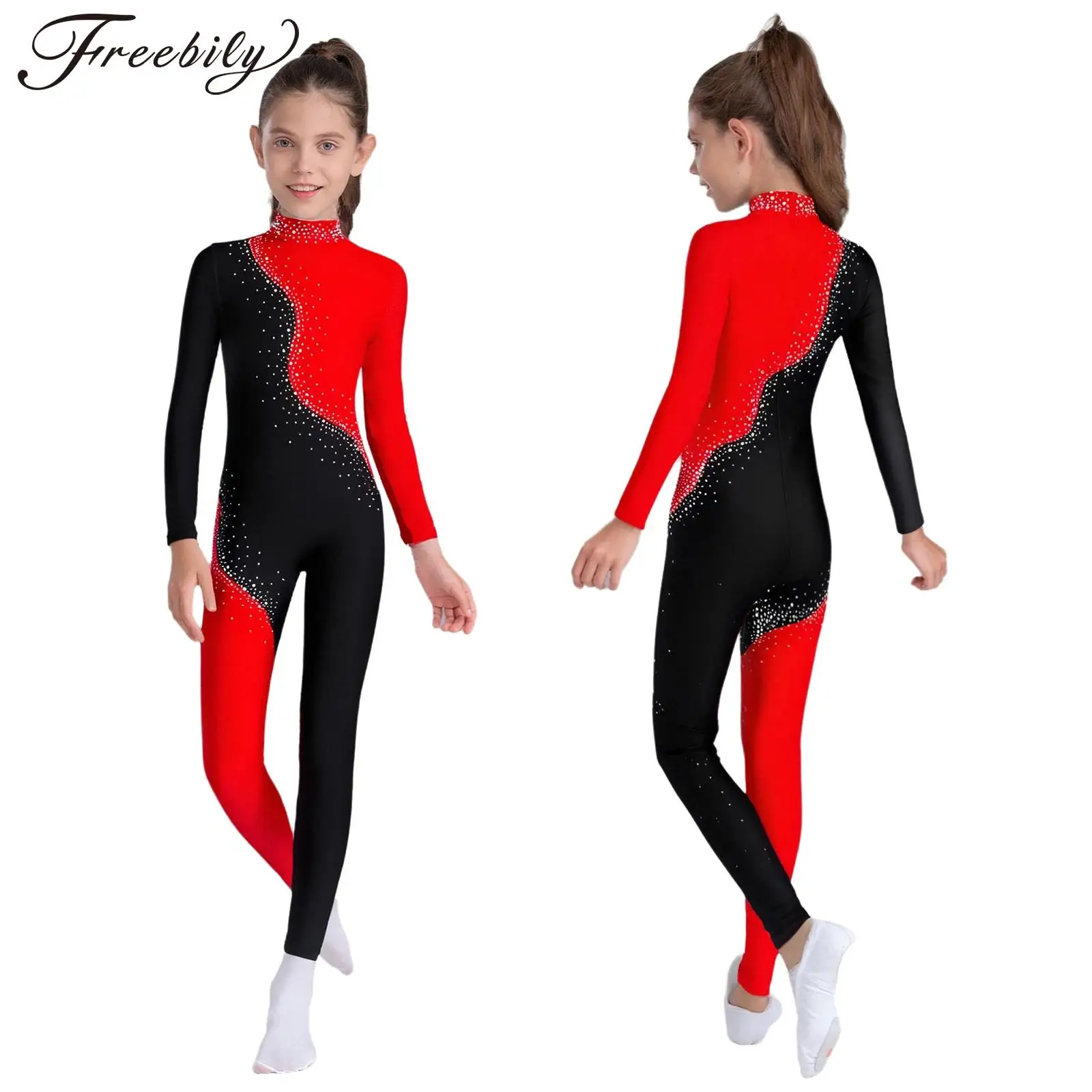 ชุดบอดี้สูทเด็กผู้หญิงสำหรับยิมนาสติก บัลเลต์ เต้นรำ แขนยาว ประดับคริสตัลวิบวับ สำหรับฟิกเกอร์สเก็ต แอคโรบิก โยคะ และกีฬาอื่นๆ