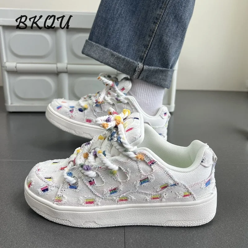 

BKQU Rainbow Lattice Denim Canvas Vulcanized Shoes Women 2024 Autumn Breathable Thick Soles All Match Niche Sports Casual Shoes