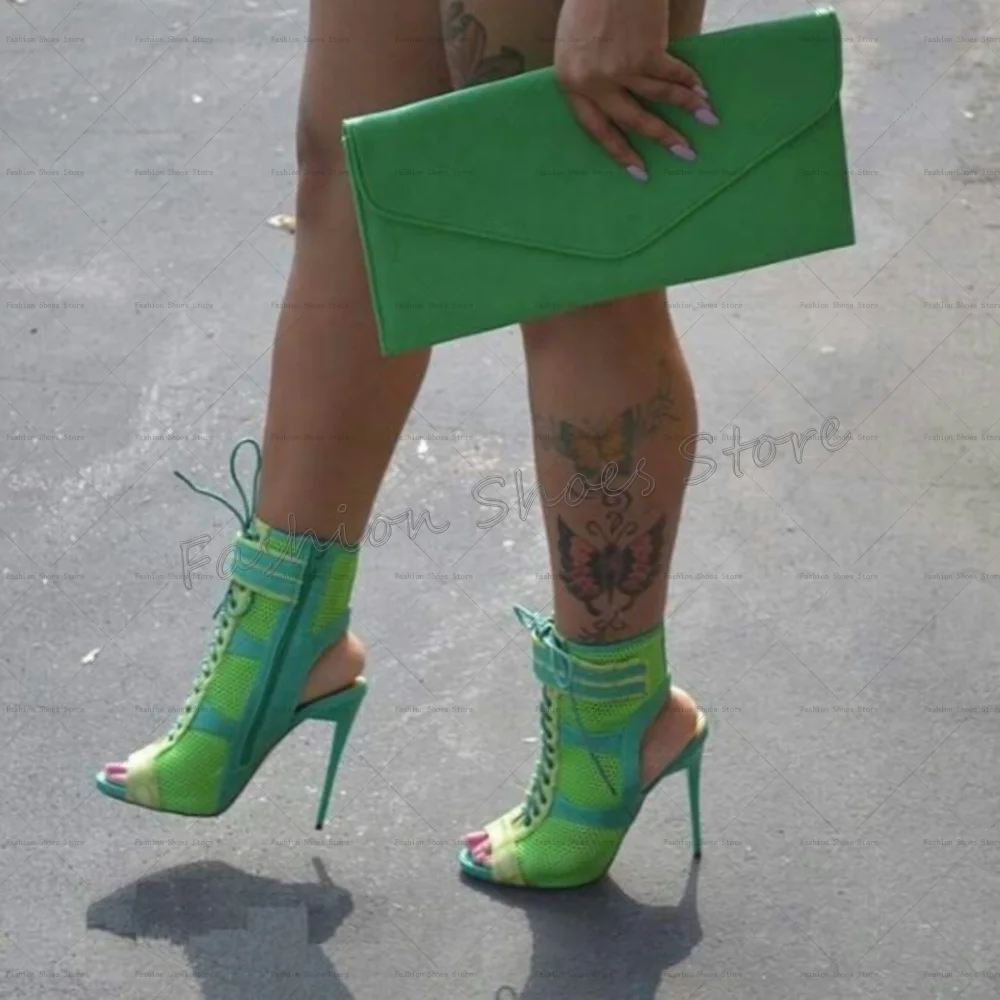 صنادل شبكية بسحاب جانبي أخضر مفتوح من الأمام بأربطة وكعب عالي رفيع أحذية عالية الكعب للنساء بكعب 2025 جديد Zapatos Para Mujere
