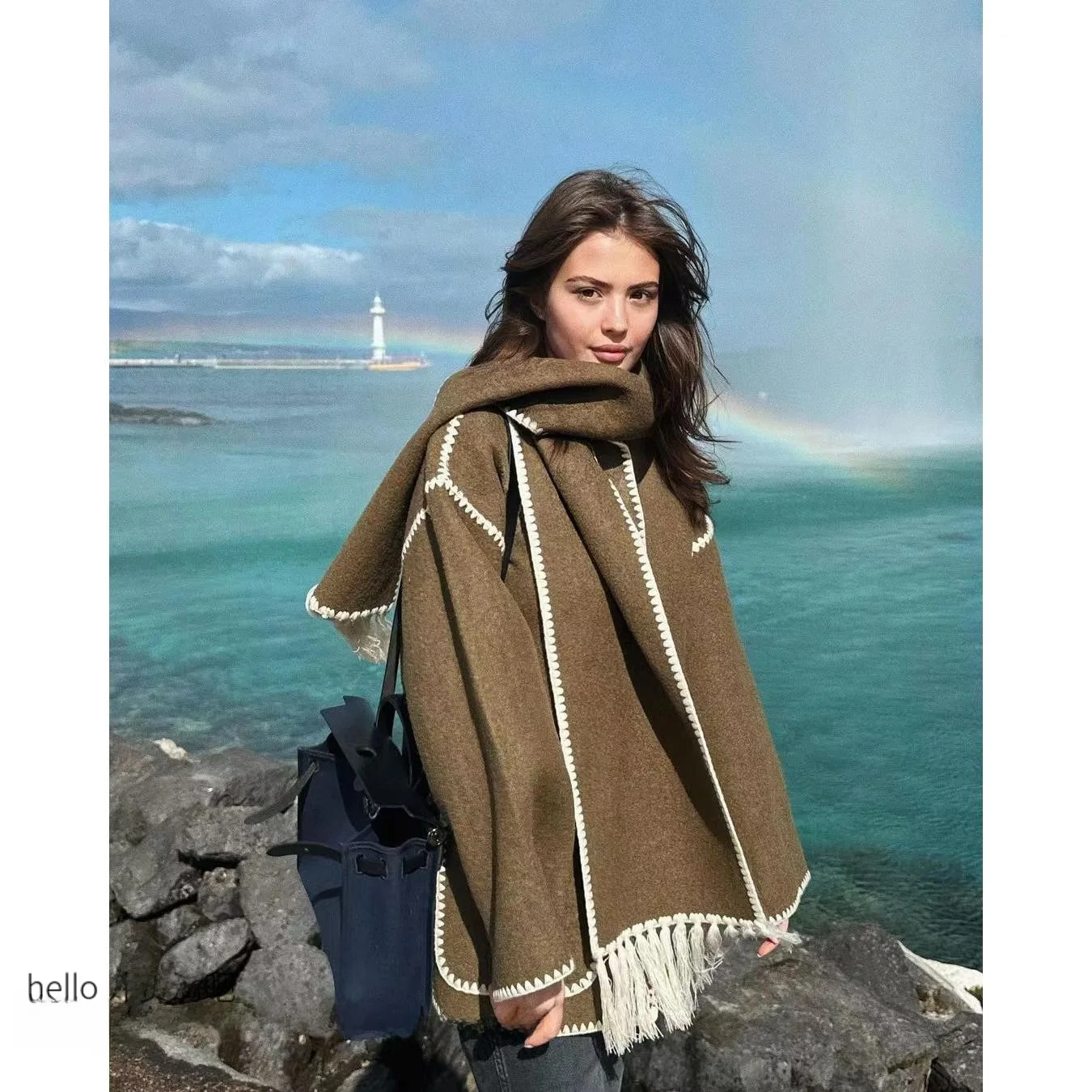 

Faionable Woolen Scarf Coat Casual Loose Women's Top Coat ket Design Pure Color round Ne Button Long Sve Coat