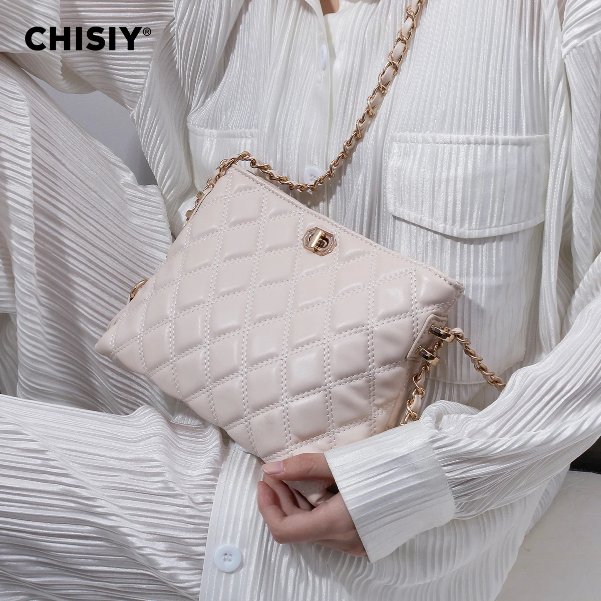 1pc Chisiy Original Handmade Diamond Pattern European Chain Shoulder Bag, Designed With Metallic Fastener, Pink Faux Leather