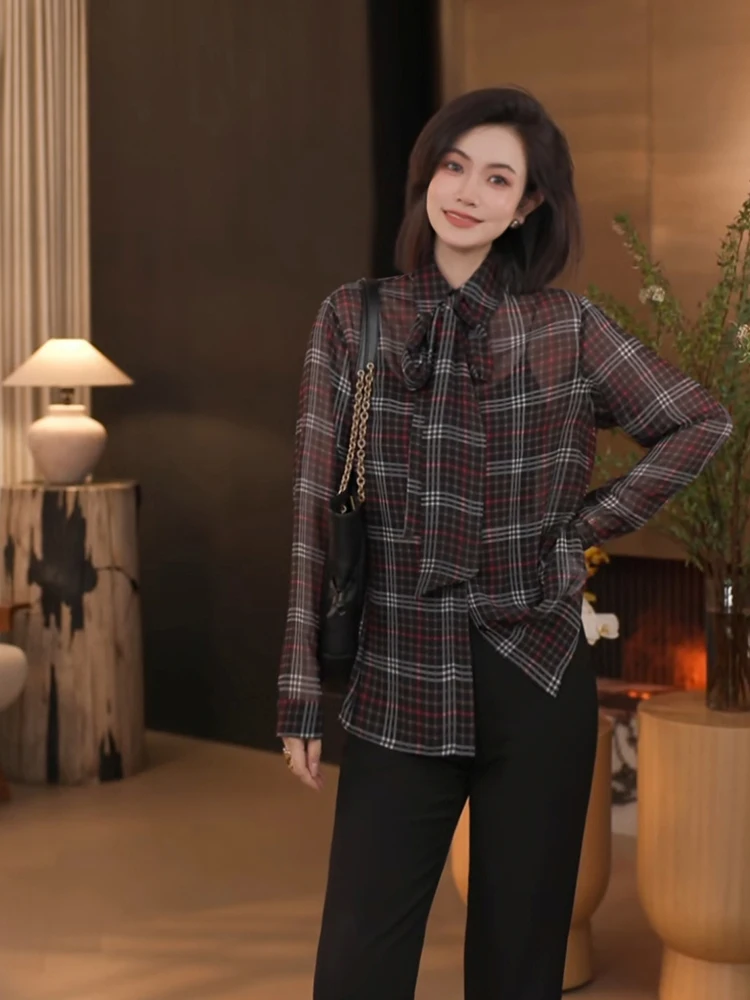 

the Meng Casual Plaid Sash New Style High-End Lightweight Fashionable Commute Casual Shirt Women Spring Straight Tube Polyest...