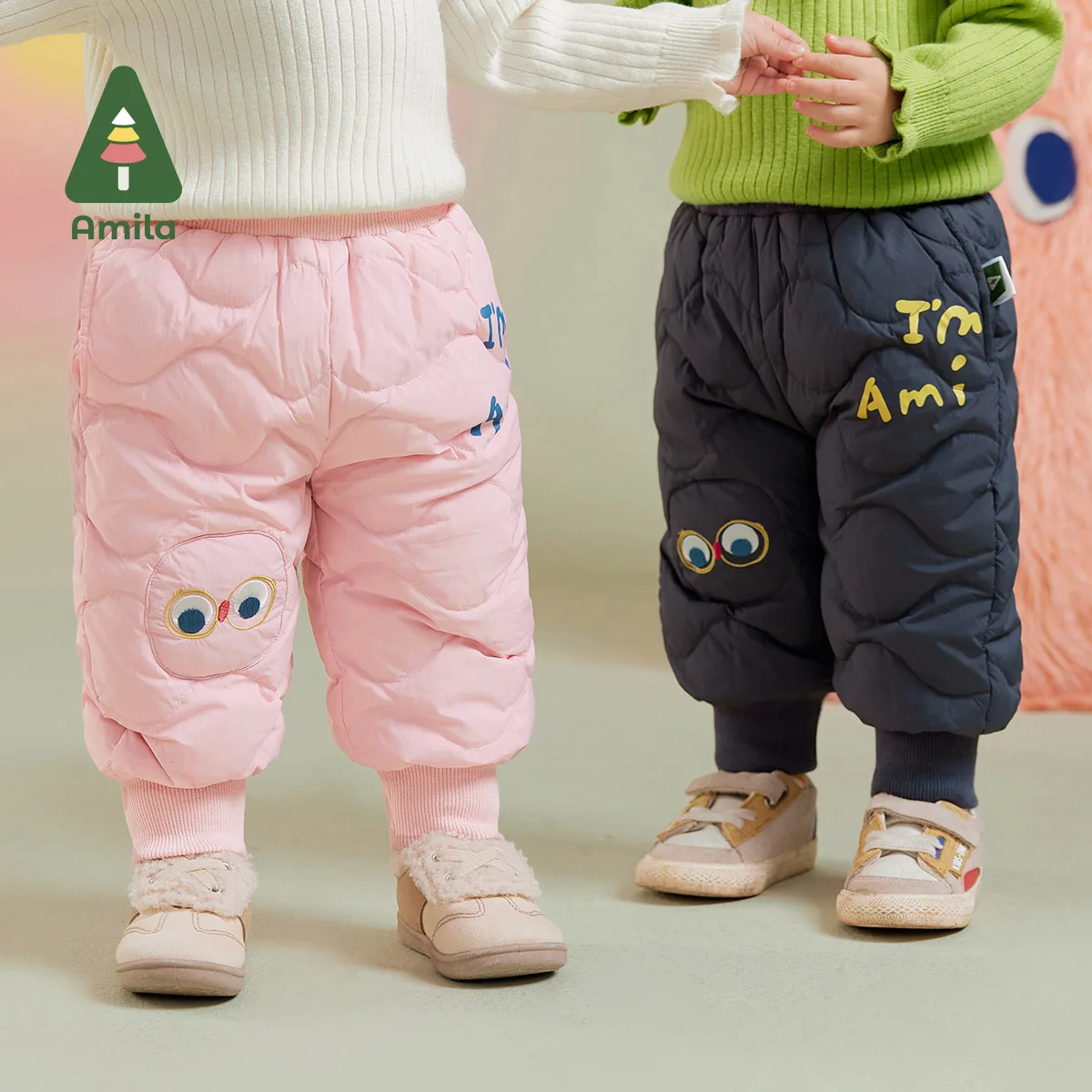 Amila Baby Children Down Pants 2024 Winter New Multicolour Reactive Printing Slight waterproofing antifouling Oil proof
