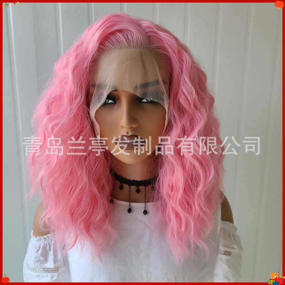New Synthetic Lace Front Pink Curly Wig for Women, Short Spiral Cosplay Party Hair, Heat Resistant Fiber, Fashionable Costume