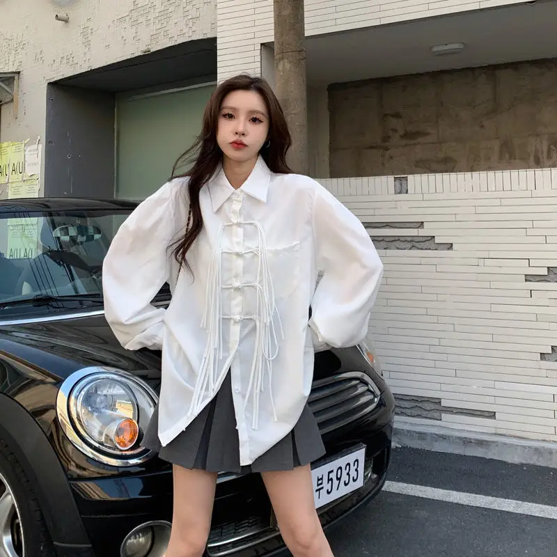 

Long Sleeve Shirts Women Chiffon Ruffled Slim Fit Turn Down Collar Korean Feminine Elegant Youthful Preppy Romantic Daily Outfit