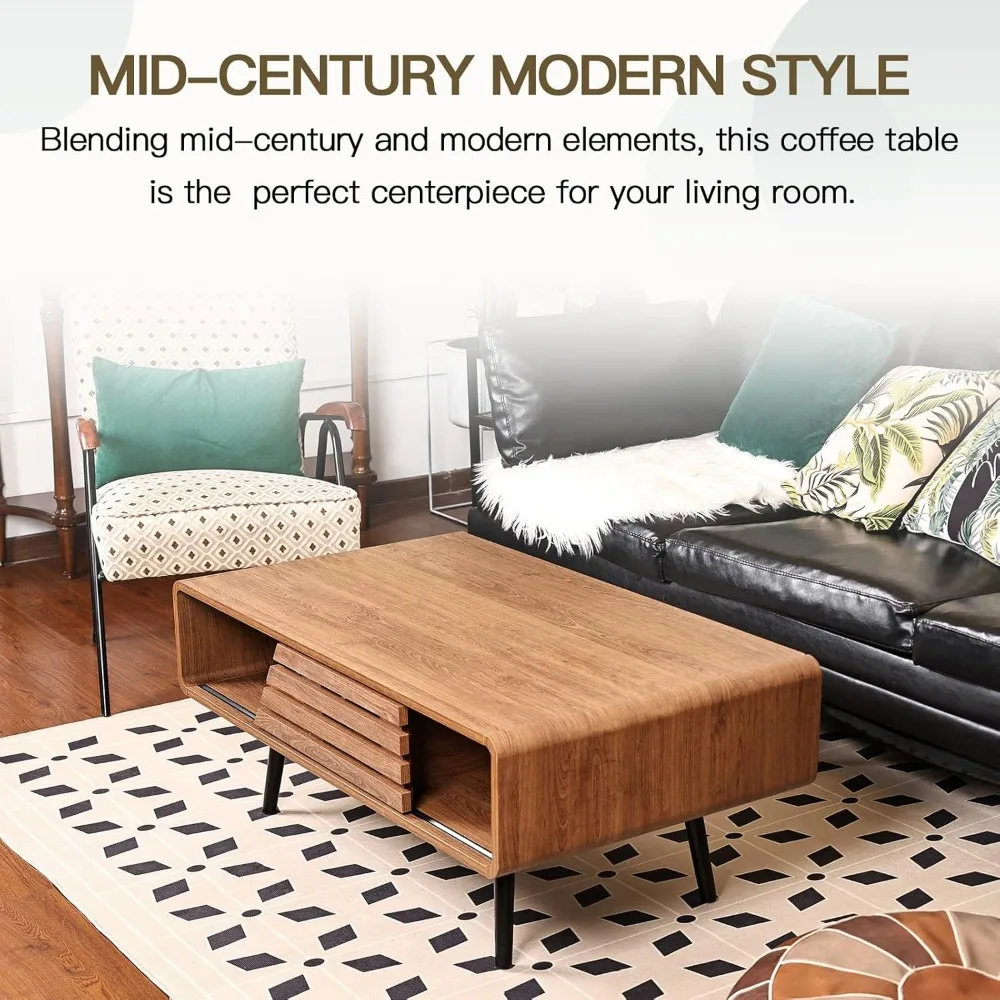 

For Living RoomMid-Century Modern Coffee Table with Fluted Design, Sliding Door Storage, and Open Shelves