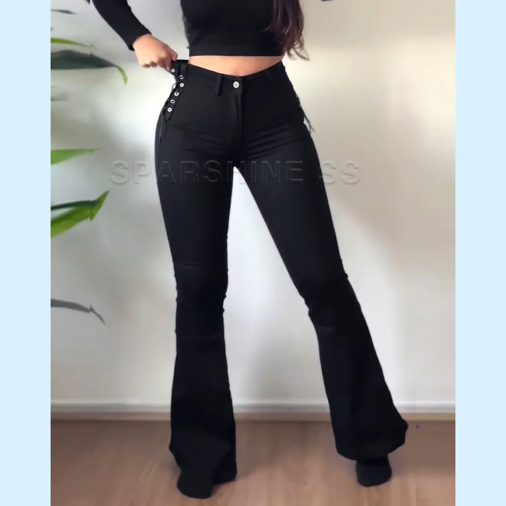 Kobiety Eleganckie Rozkloszowane Spodnie Wysoka Talia Moda Jeans Push Up Denim Spodnie Slim Fit Sexy Streetwear Ladies Casual Stretch Pants