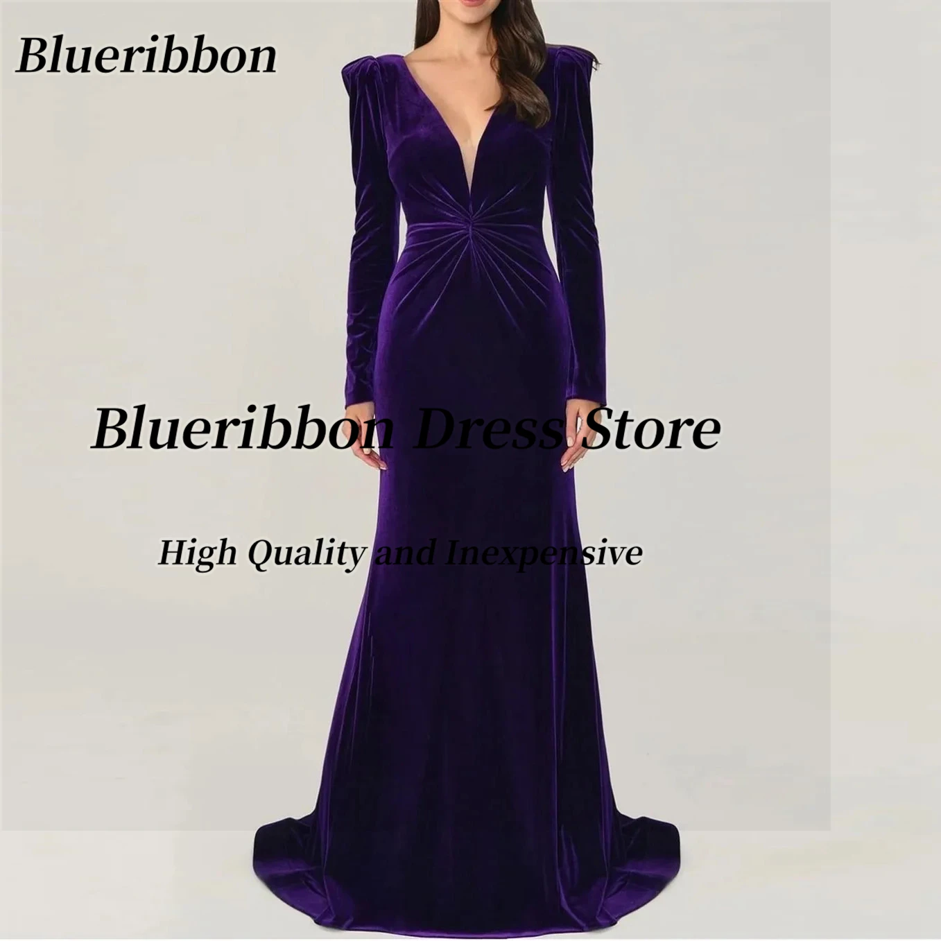 Blueribbon Purple Velour Evening Dresses V Neck Long Sleeves Prom Gowns Sexy Open Back Elegant Party Dress Woman Customized