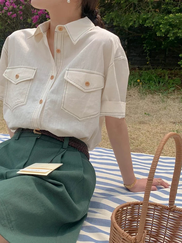 

Белый женский irt Summer 2024, новинка Sle Vintage Double ket Design ort Sve Loose Fit, корейский Sle Bubble Sve...