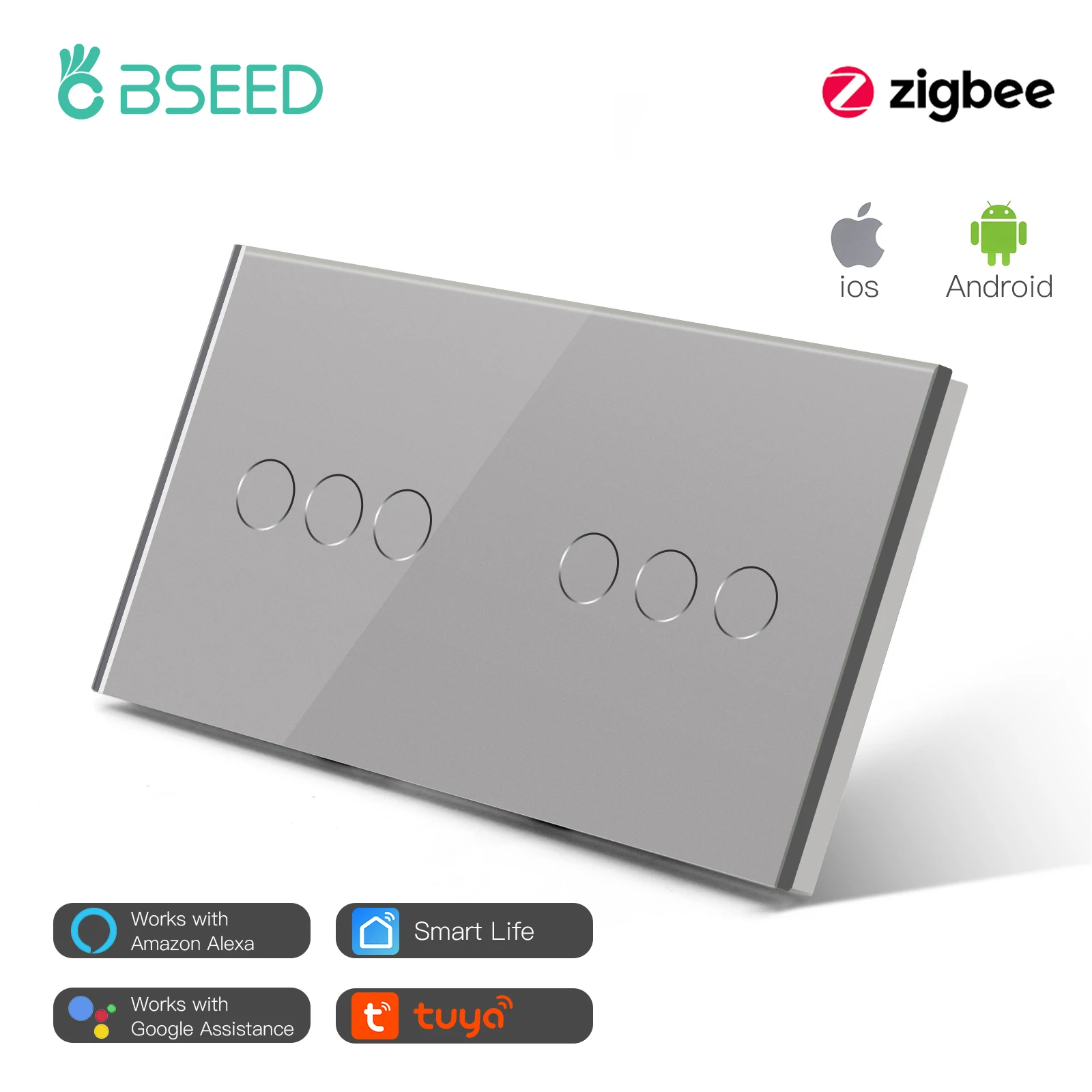 Bseed Zigbee 2/3/4/5/6Gang Smart Light Touch Schalter Single Live EU Standard Tuya Smart Leben Google Control Kristall Glas Panel