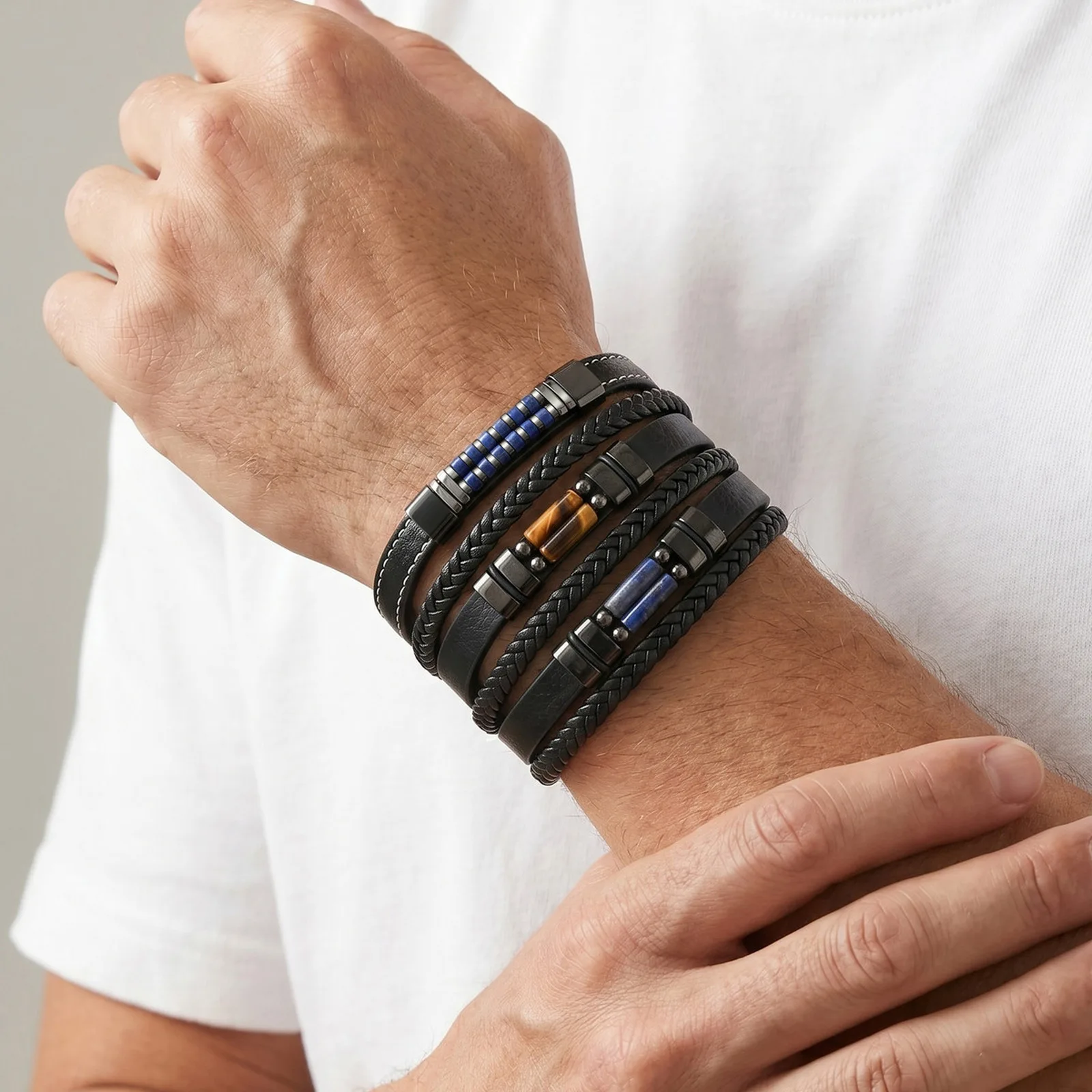 Vnox Men's Leather Bracelet Natural Stone Beaded Braided Multilayer Wristband Magnetic Buckle Punk Jewelry Gift for Dad Son Him