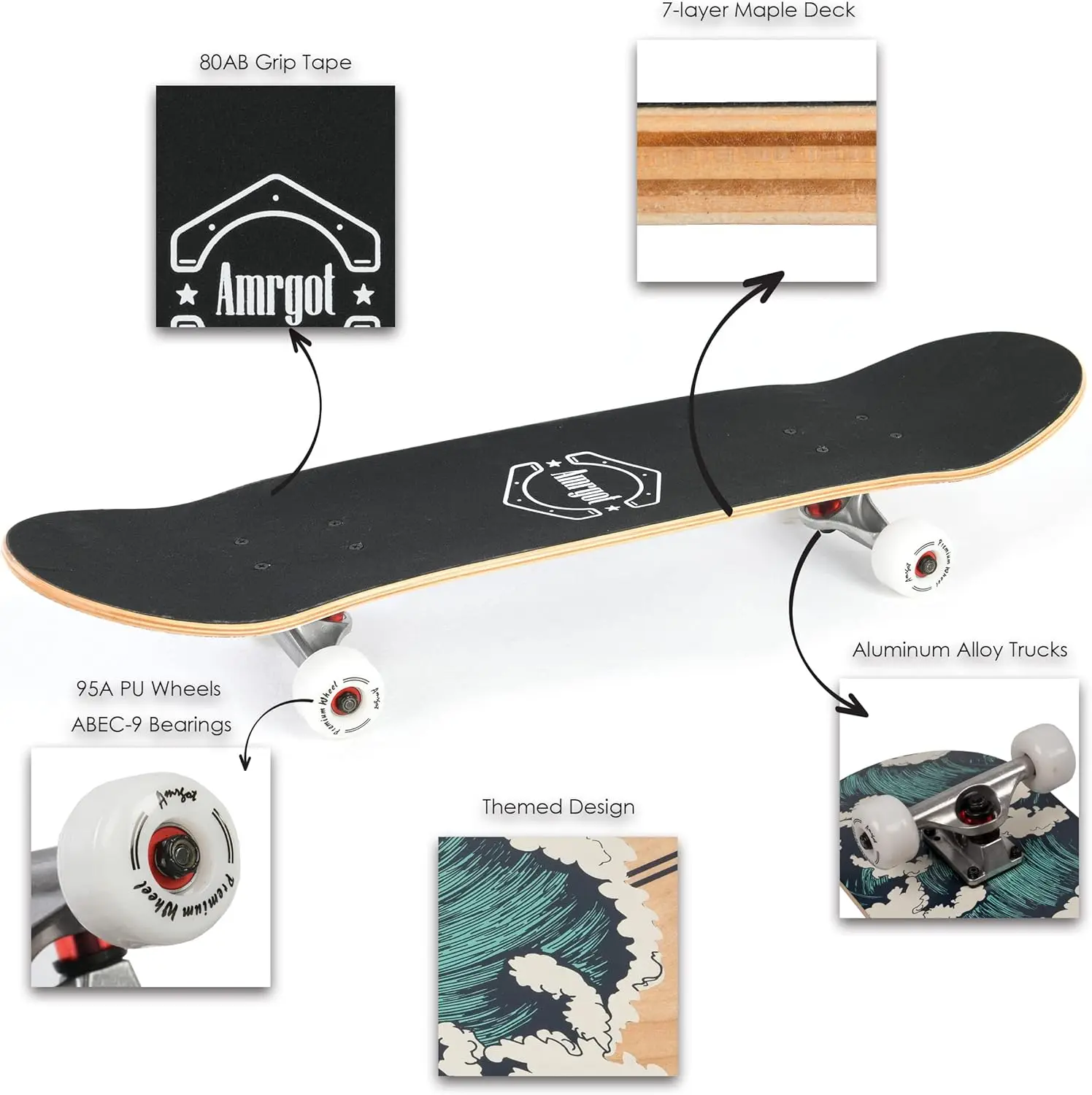 Skateboard complet 31 x 8 pouces pour débutants, enfants et adultes, pont en érable à 7 couches avec double coup de pied concave