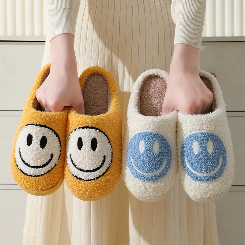 Fuzzy Smile Face Women Slipper Winter Warm Kawaii Cartoon Plush Contton Indoor Funny Cute Floor House Home Shoes Female Male Men