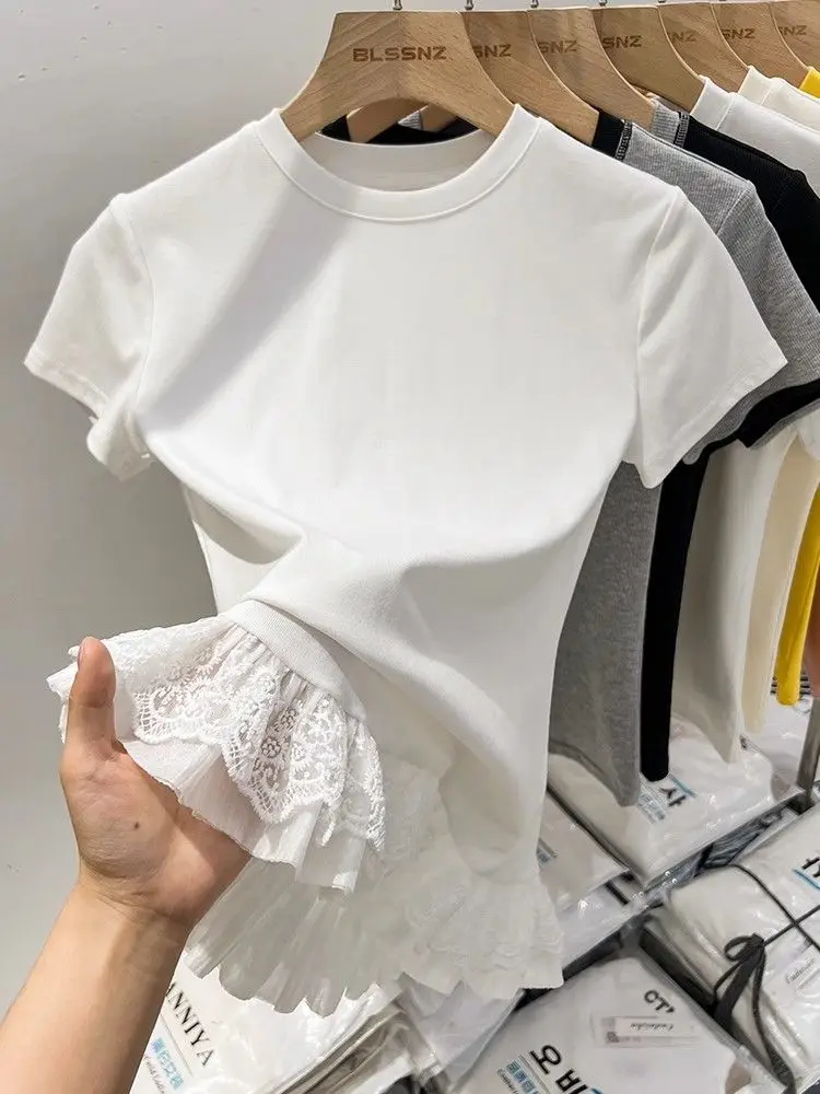 

Lace Splice Short Sleeve White T-Shirt Women's Summer New Fashion Design Unique Slim Fit Top Half Sleeve round Neck Pure Color