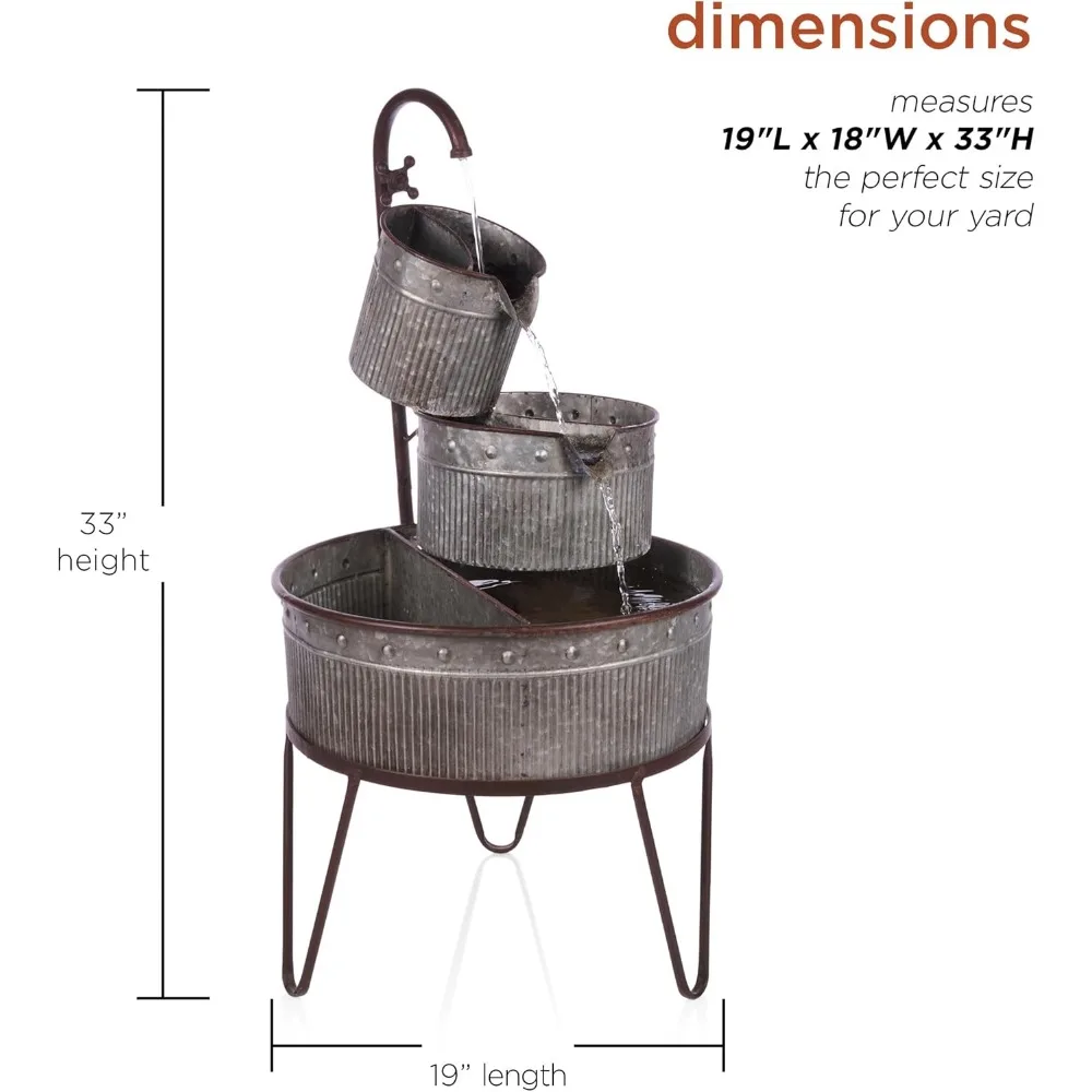 Outdoor Floor 3-Tier Vintage Tubs and Planters Fountain, Rustic Metal Garden Fountain 33